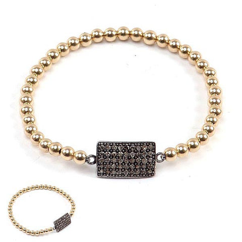 Gold Beaded Bracelet with Diamond Rectangle