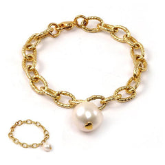 Gold Link Bracelet with Hanging Baroque Pearl