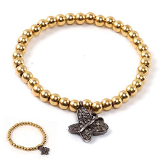 Gold Beaded Bracelet with Hanging Diamond Butterfly