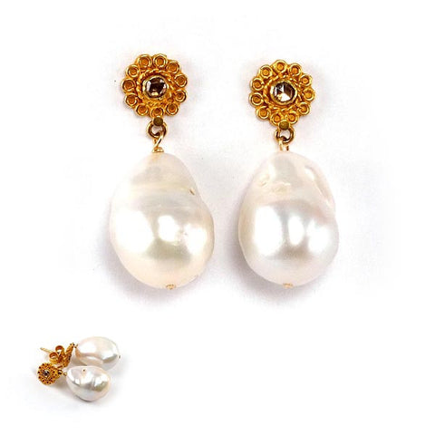 18k Diamond with Baroque Pearl Earrings